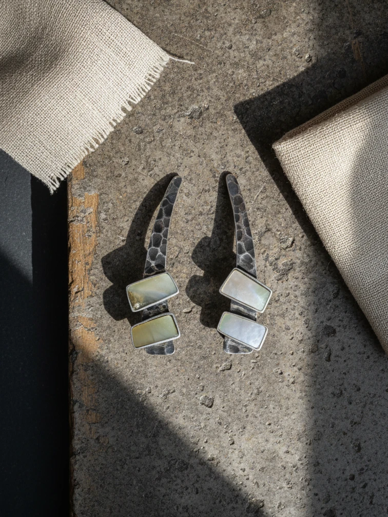 Lunaris Sterling Silver Earrings, Mother of Pearl Drop (Handmade, Oxidized)